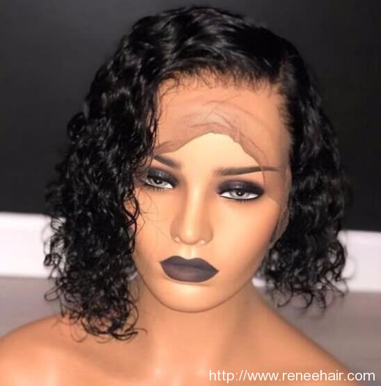 short curly lace front wig with elastic band, natural color human hair,can color, straighten or curl