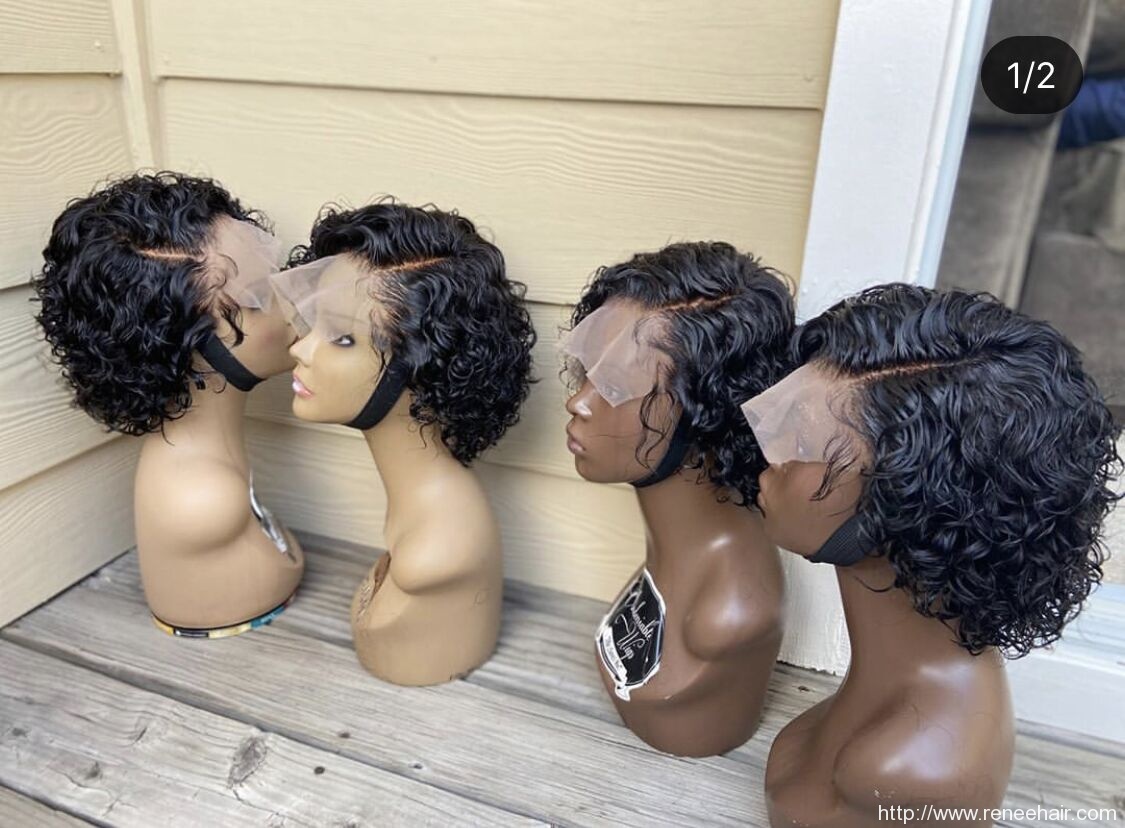 short curly lace front wig with elastic band, natural color human hair,can color, straighten or curl